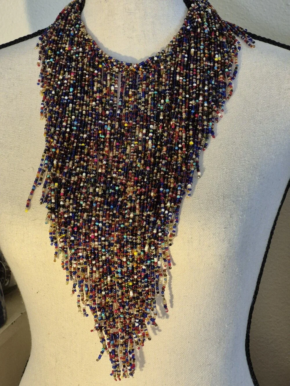 Kenyan Massai Multicolor Beaded Fringe Choker Statement Necklace